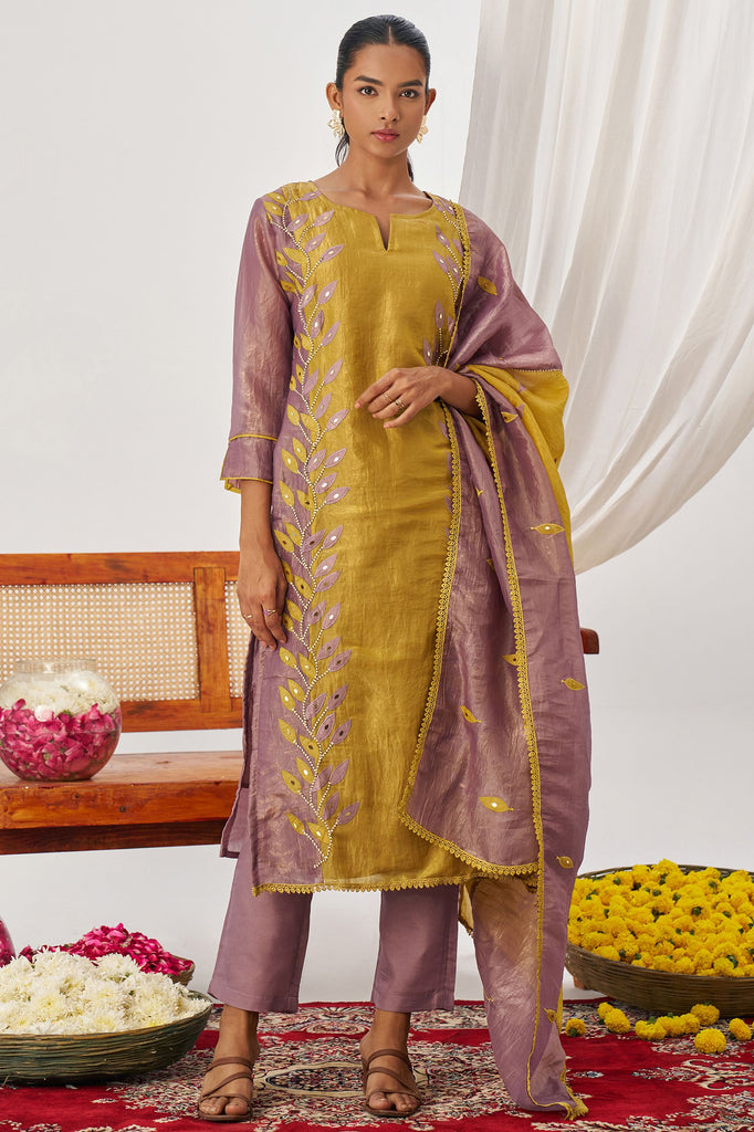 Beautiful Lilac Patch Work Organza Event Wear Straight Suit With Dupatta