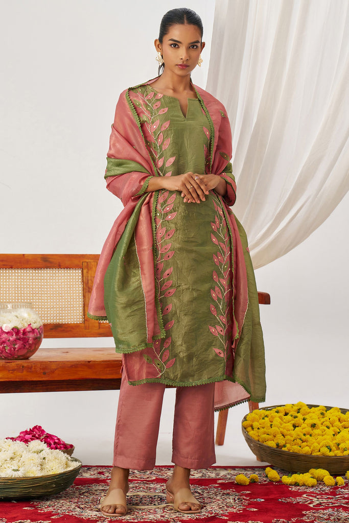 Superb Pink Patch Work Organza Festival Wear Straight Suit With Dupatta