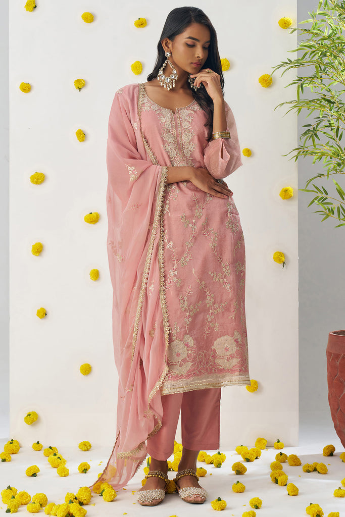 Stunning Peach Floral Embroidered Organza Silk Event Wear Pant Suit