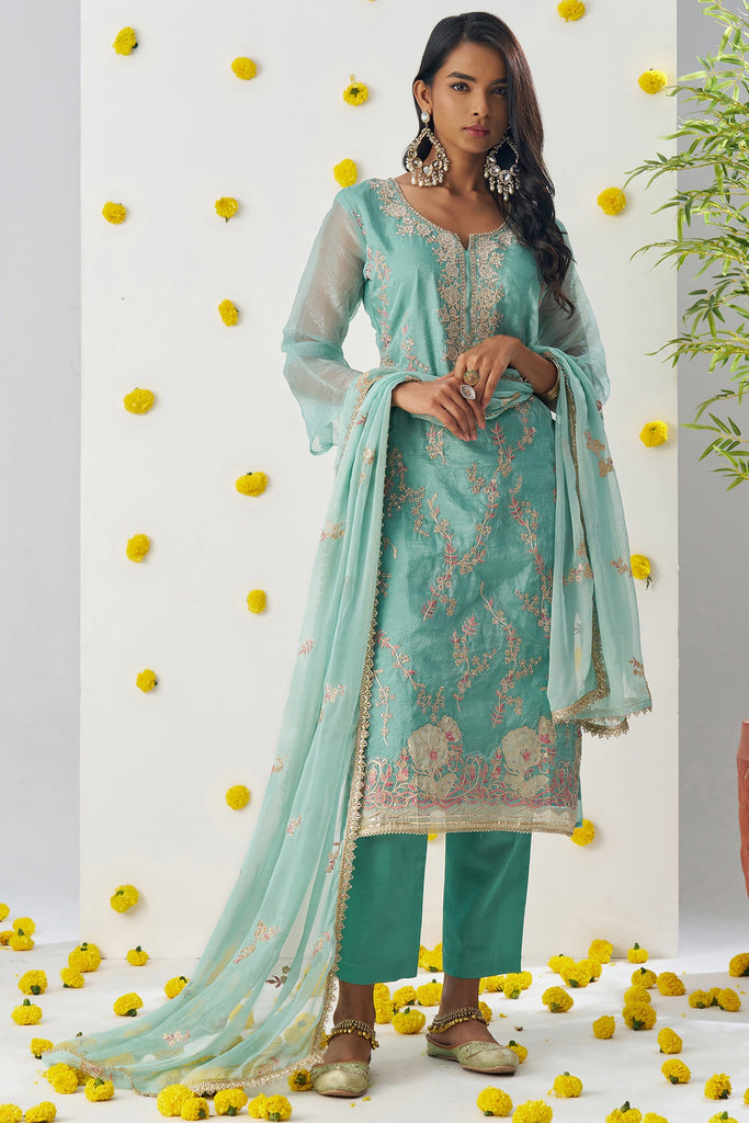 Lovable Pista Green Thread Embroidered Organza Silk Pant Suit