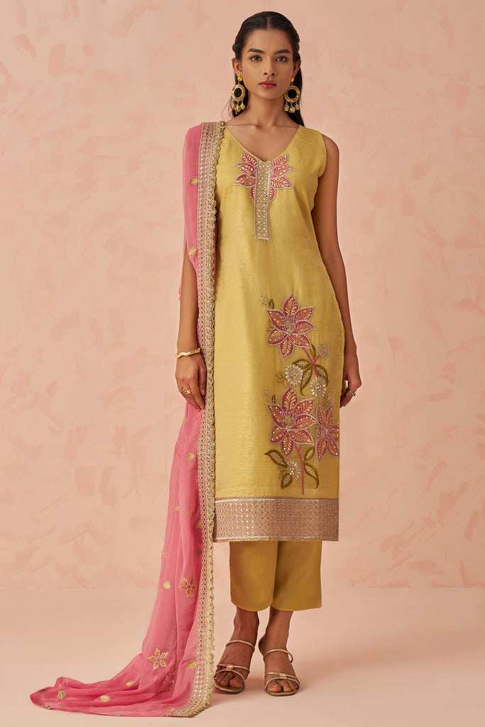 Incredible Yellow Floral Embroidery Work Silk Pant Suit With Dupatta