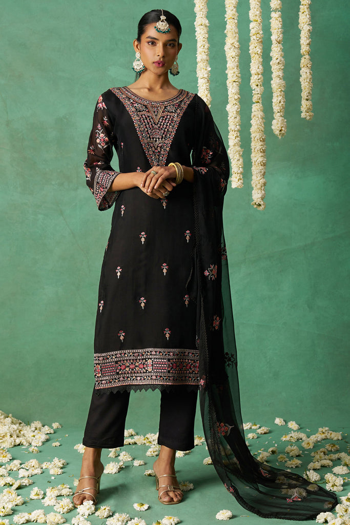 Alluring Black Embroidered Organza Event Wear Pant Suit