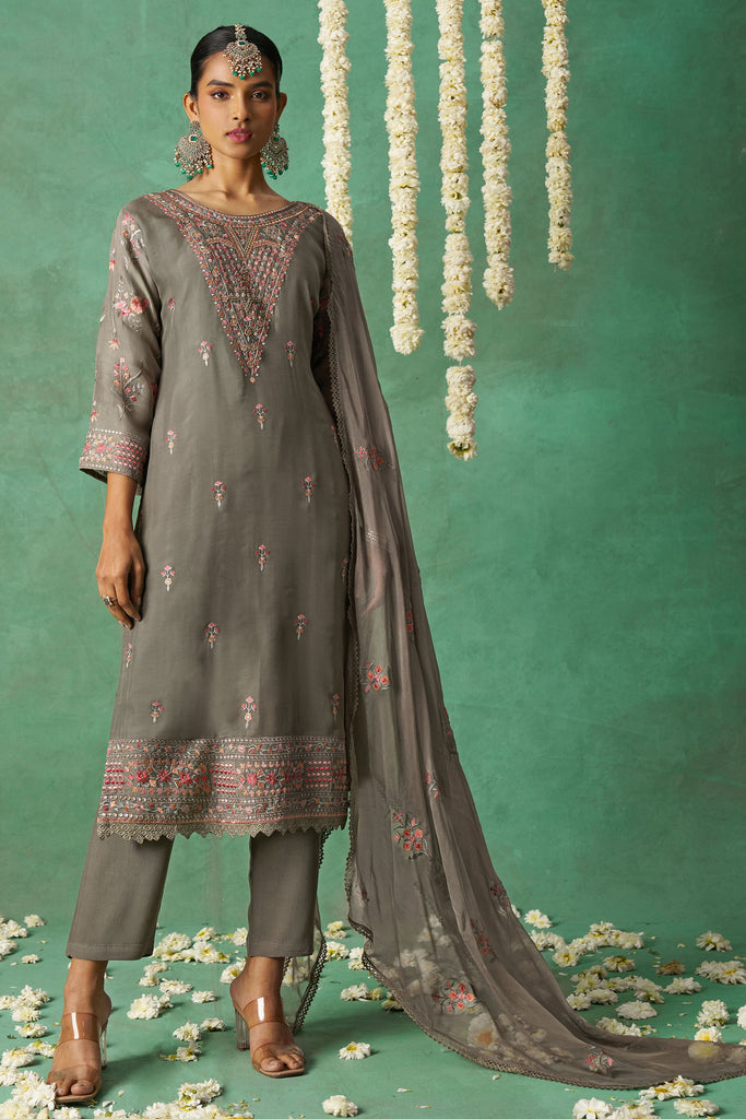 Adorable Grey Embroidered Organza Festival Wear Pant Suit