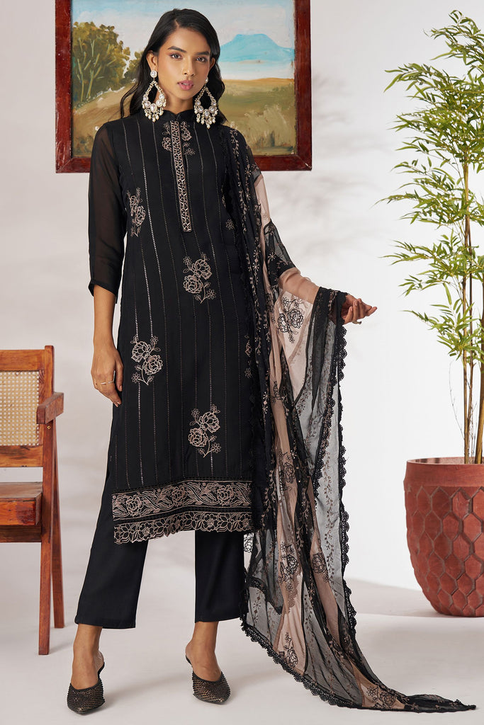 Delightful Black Embroidered Organza Traditional Straight Suit with Dupatta