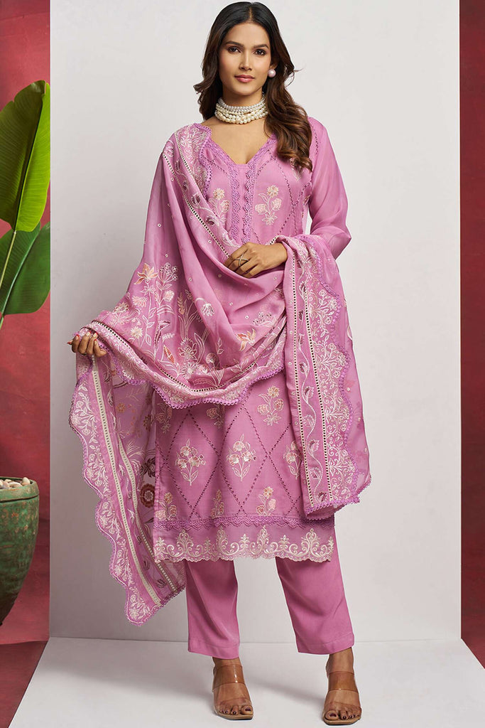 Lovely Pink Embroidered Organza Traditional Pant Suit With Dupatta