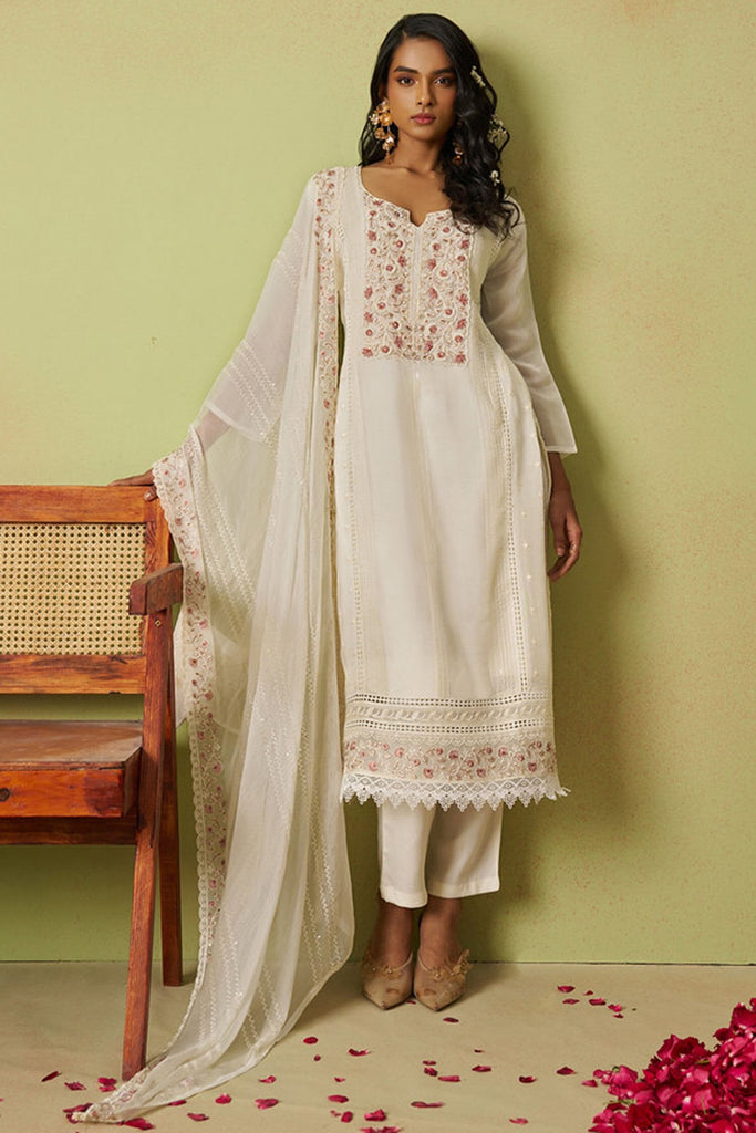 Ravishing Off-White Embroidered Organza Traditional Pant Suit