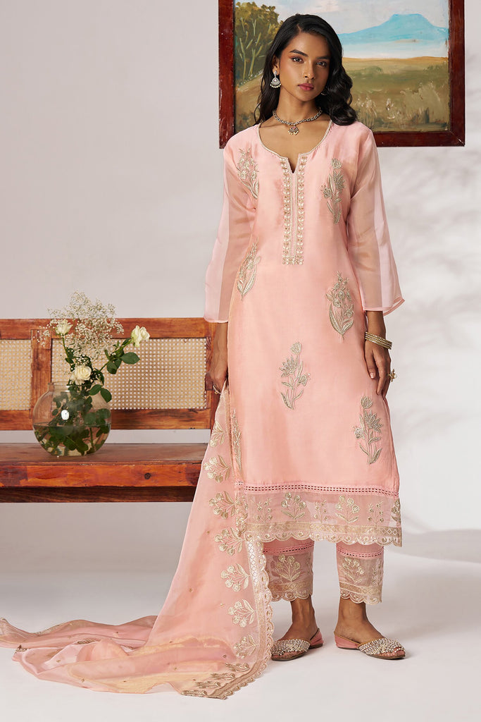 Stunning Peach Embroidered Organza Straight Suit Pant With Dupatta