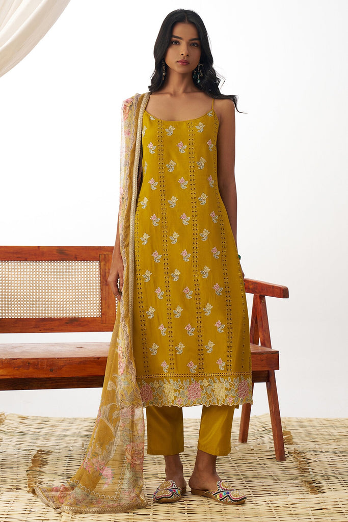 Striking Yellow Embroidery Work Organza Straight Kurta With Pant