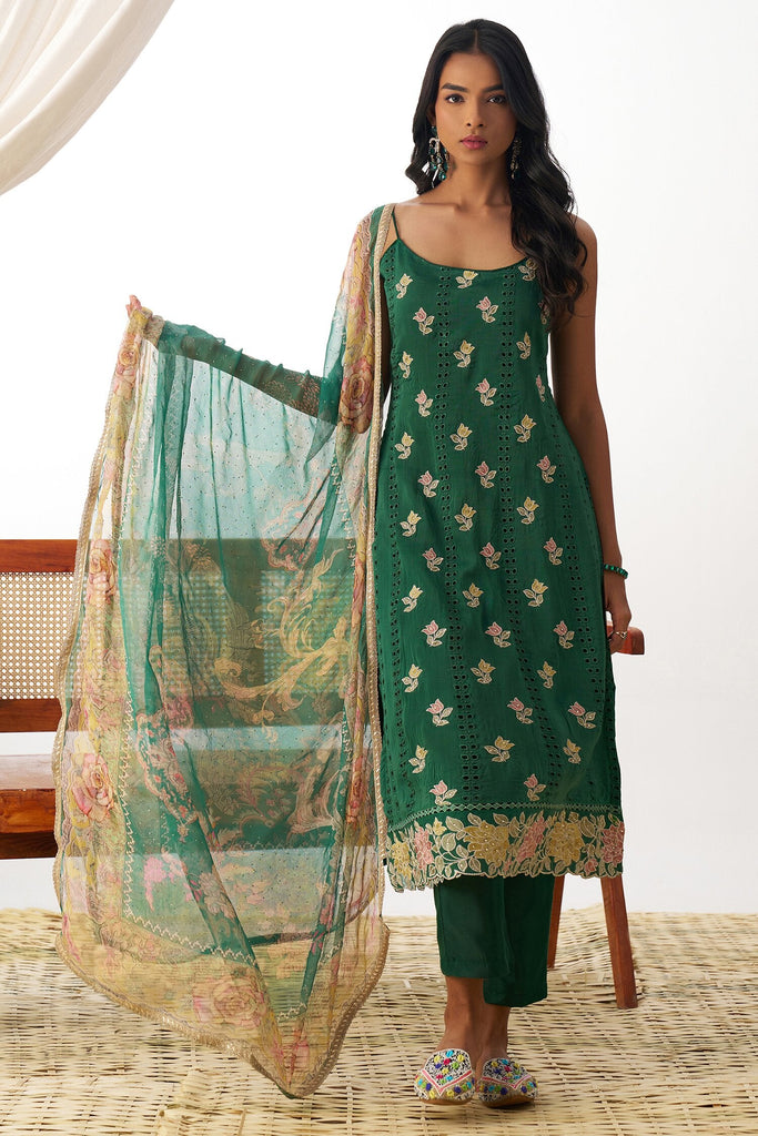 Alluring Teal Green Embroidery Work Organza Straight Kurta With Pant