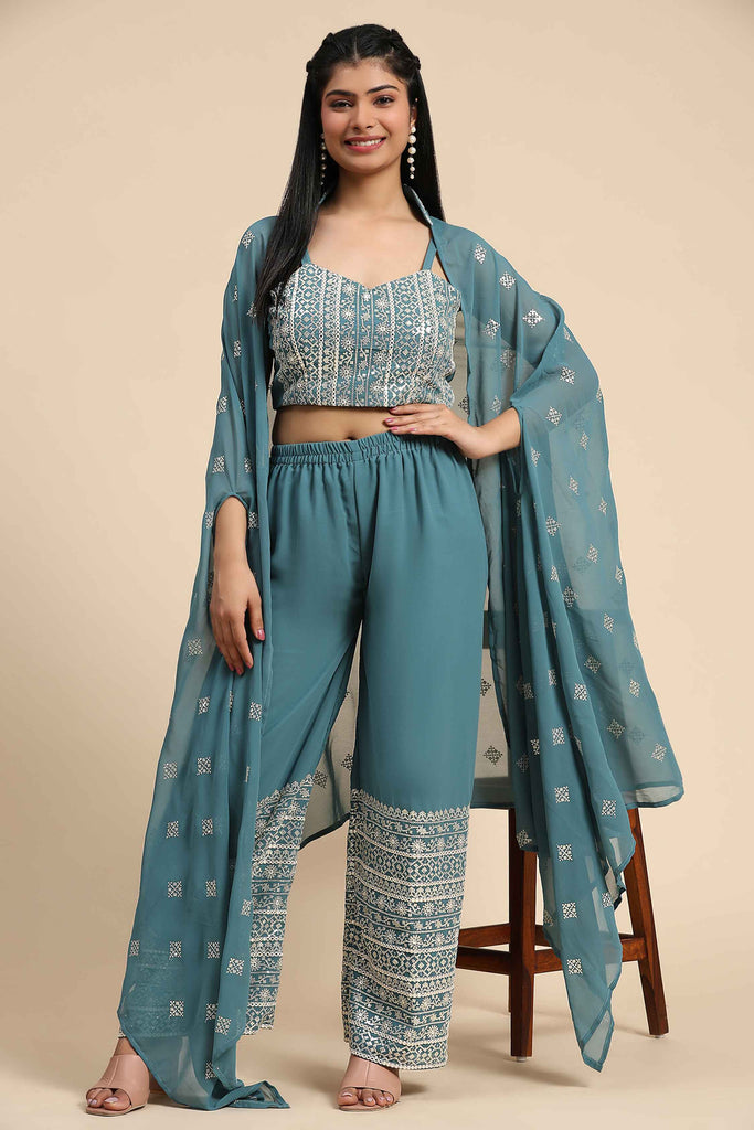 Awesome Pastel Blue Georgette Party Wear Palazzo Top With Shrug