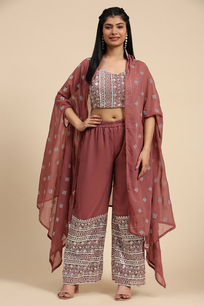 Beautiful Rosy Brown Georgette Event Wear Palazzo Top With Shrug