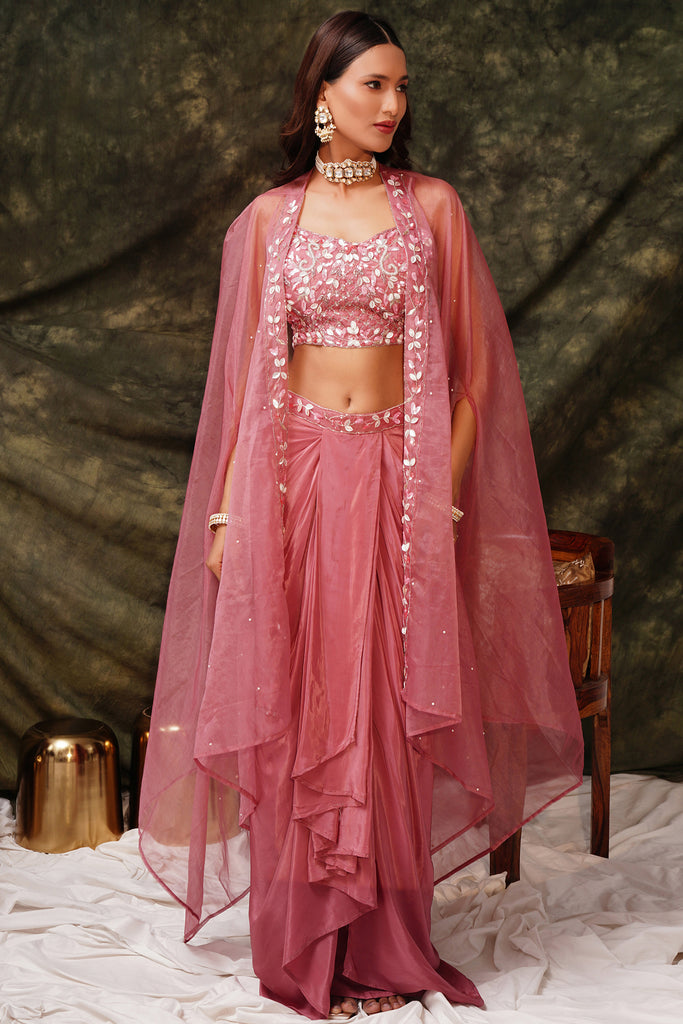 Exquisite Rose Gold Embroidered Event Wear Palazzo Top With Shrug