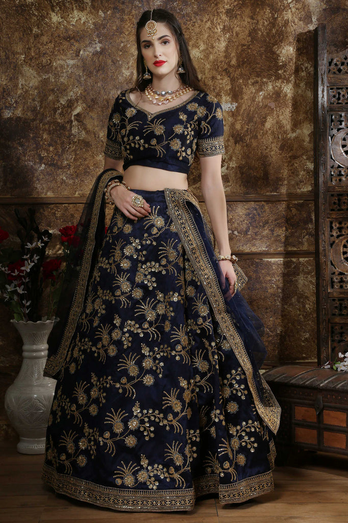 Astonishing Navy Blue Zari Embroidered Silk Wedding Lehenga Choli
