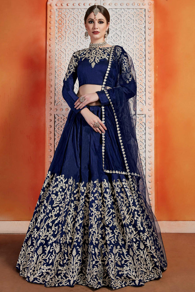 Outstanding Navy Blue Zari Work Art Silk Wedding Wear Lehenga Choli