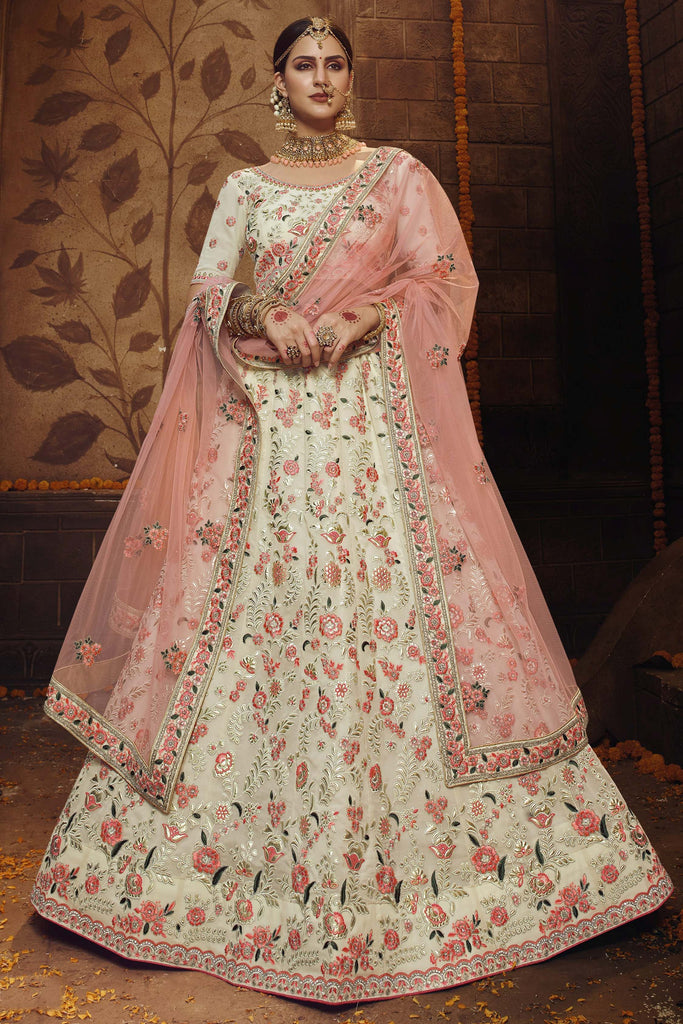Magnetic Off-White Thread Work Georgette Wedding Wear Lehenga Choli