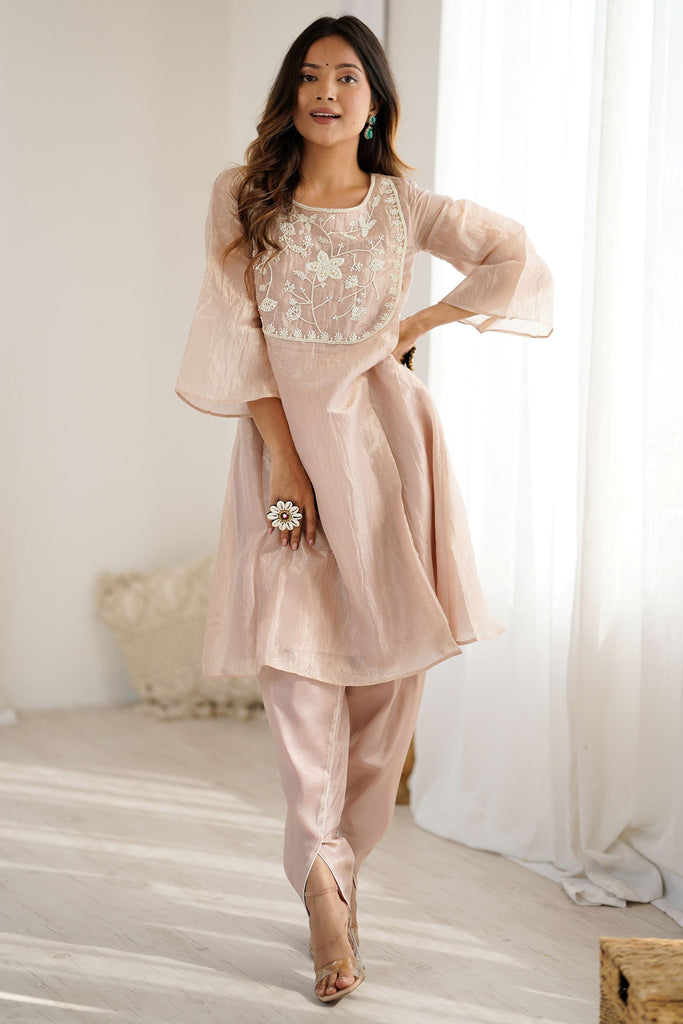 Incredible Peach Embroidered Organza Festive Wear Kurti With Dhoti Pants