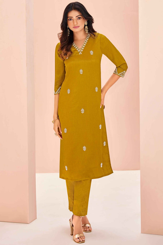 Adorable Mustard Yellow Embroidered Chinon Haldi Wear Pant Suit