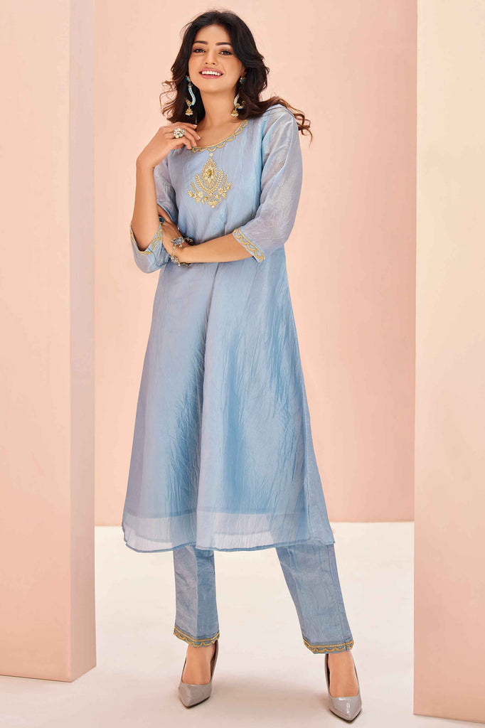 Fascinating Dusty Blue Embroidered Organza Event Wear Pant Suit