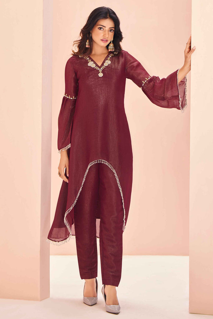 Ravishing Maroon Embroidered Organza Function Wear Pant Suit