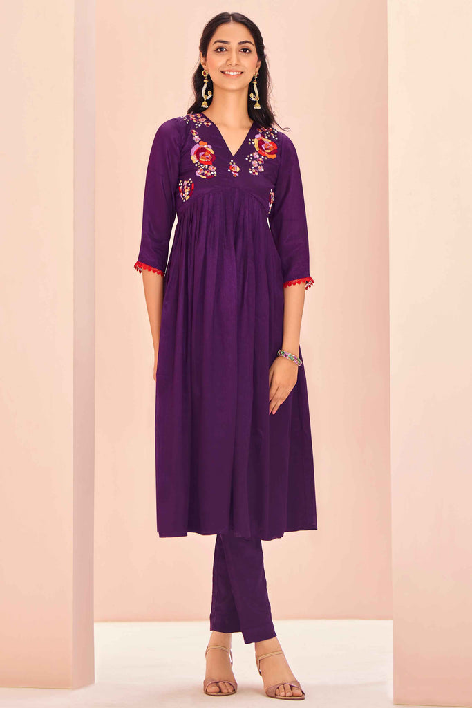 Captivating Purple Embroidered Chinon Event Wear Pant Suit