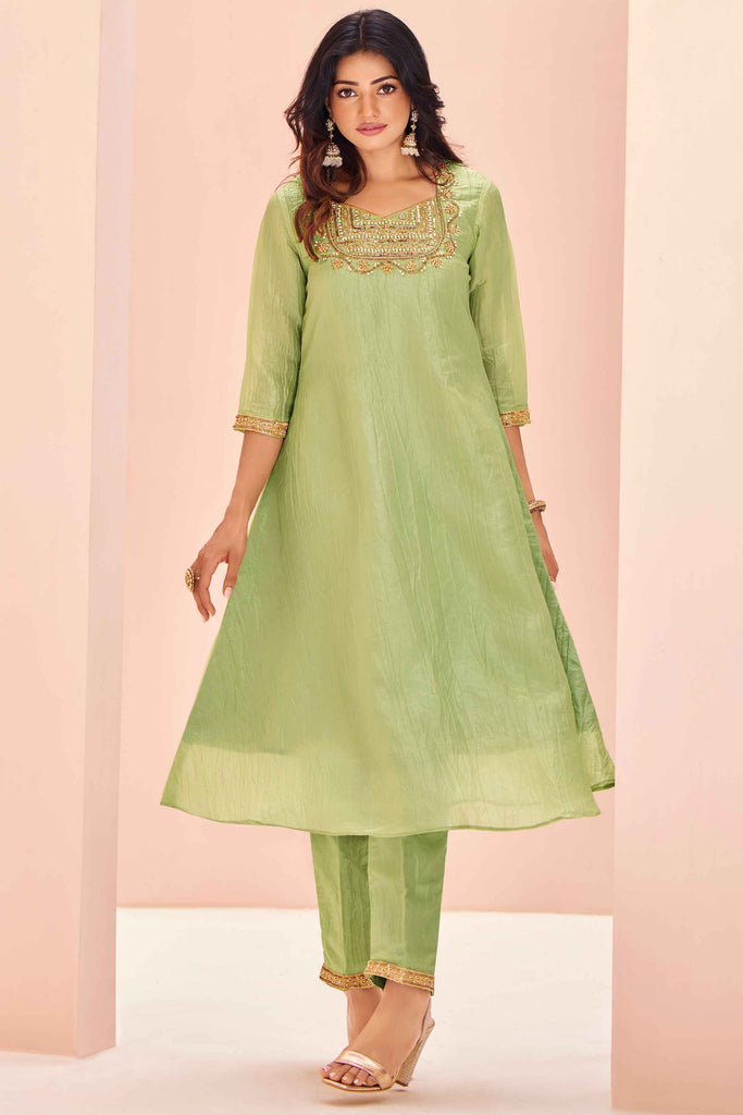 Alluring Light Green Embroidered Organza Festival Wear Pant Suit