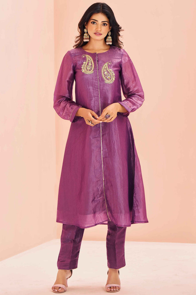 Lovely Purple Embroidered Organza Designer Pant Suit