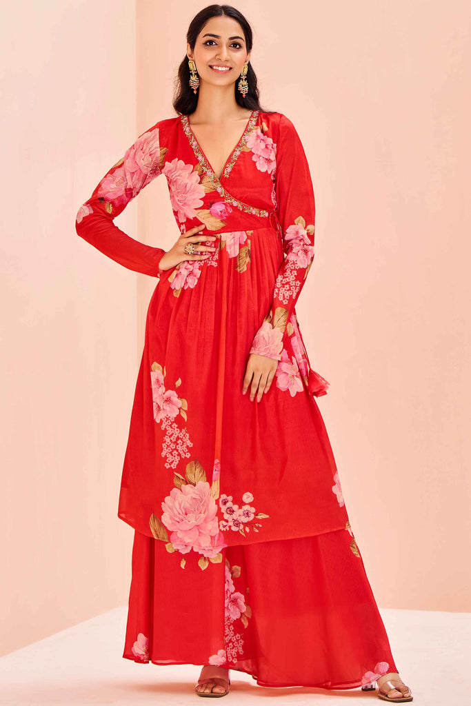 Desirable Red Floral Print Chinon Event Wear Palazzo Suit