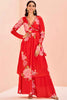 Desirable Red Floral Print Chinon Event Wear Palazzo Suit