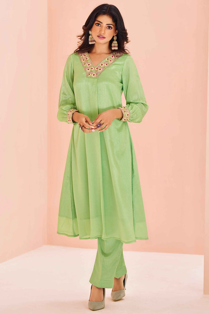 Marvelous Pista Green Embroidered Chinon Event Wear Pant Suit