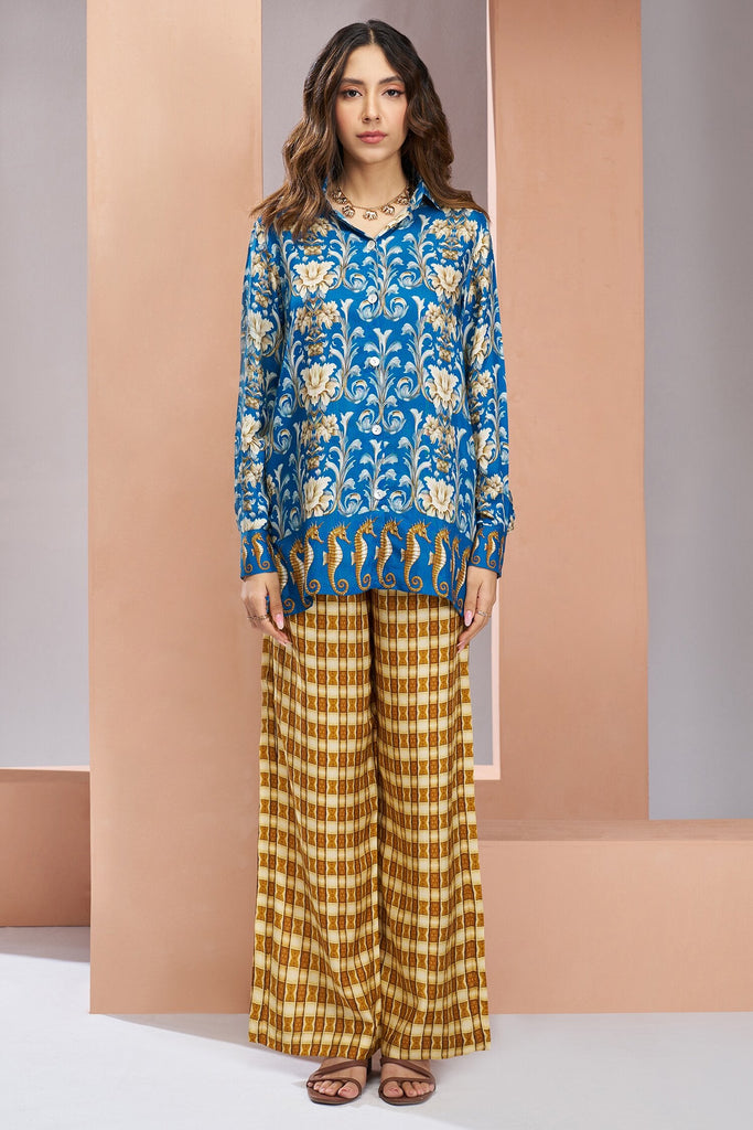 Beautiful Royal Blue Floral Printed Silk Casual Wear Co-Ord Set