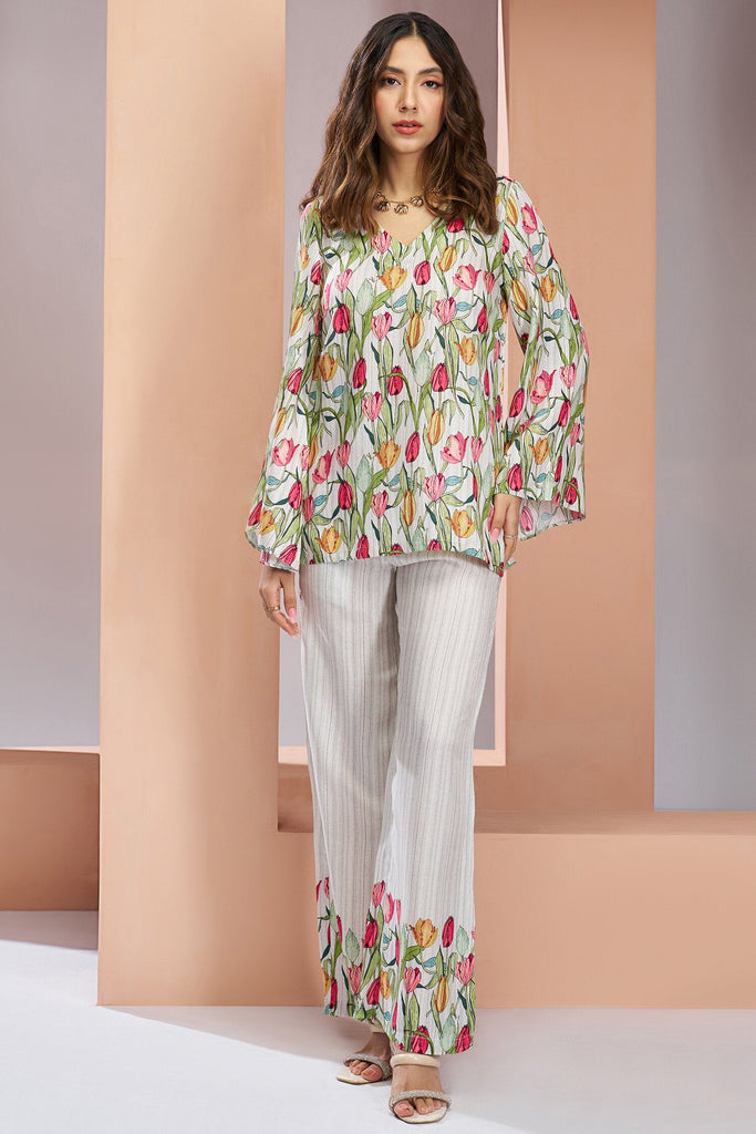 Tantalizing White Floral Printed Muslin Silk Office Wear Co-Ord Set