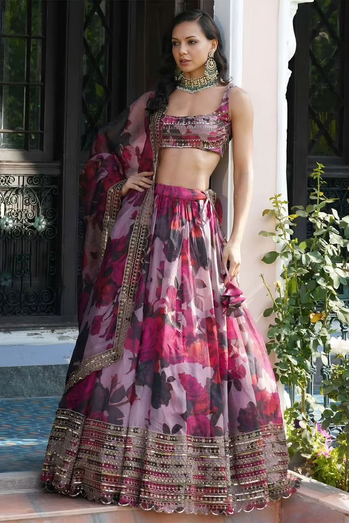 Precious Pink Floral Printed Organza Sangeet Wear Lehenga Choli With Dupatta