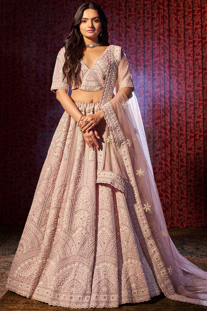 Attractive Lilac Embroidered Silk Bridesmaid Lehenga Choli With Dupatta