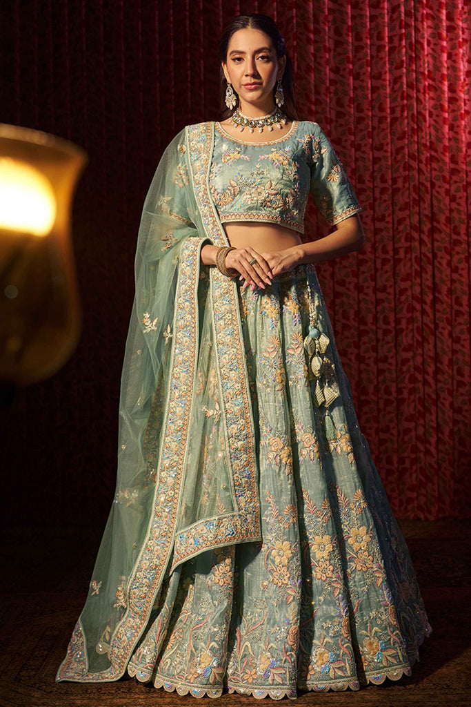 Ravishing Pista Green Thread Work Organza Designer Lehenga Choli