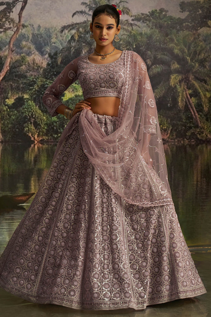 Astonishing Mauve Thread Work Net Bridesmaid Lehenga Choli With Dupatta