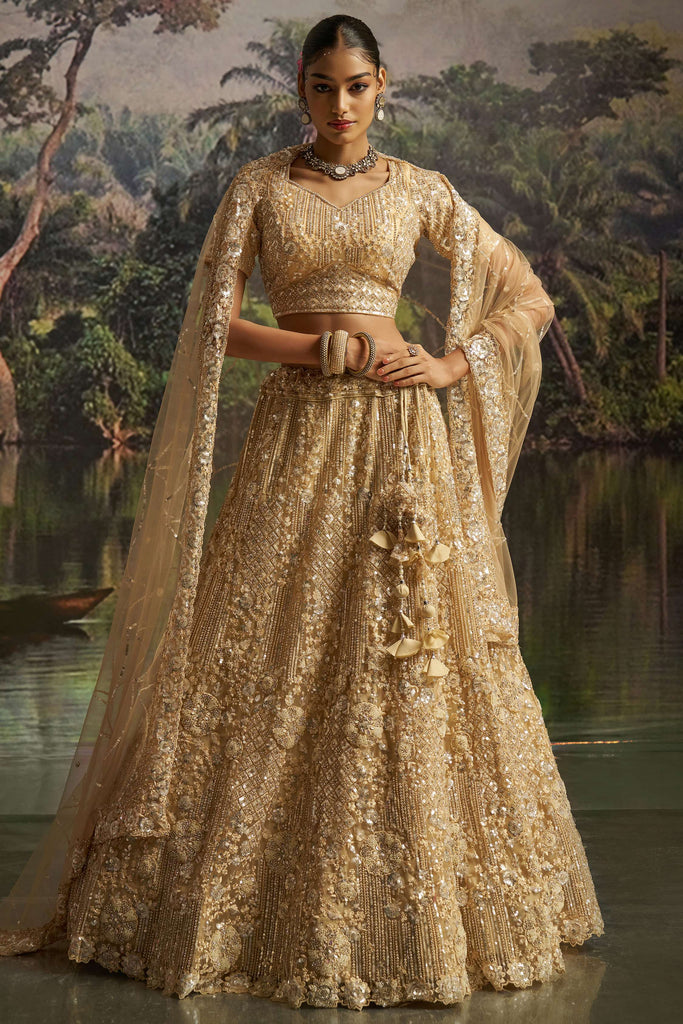 Fabulous Cream Sequins Net Wedding Lehenga Choli With Dupatta
