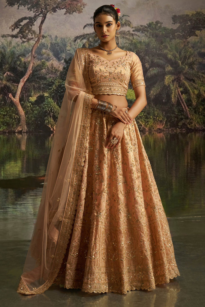 Spectacular Peach Dori Embroidered Net Bridesmaid Lehenga Choli With Dupatta
