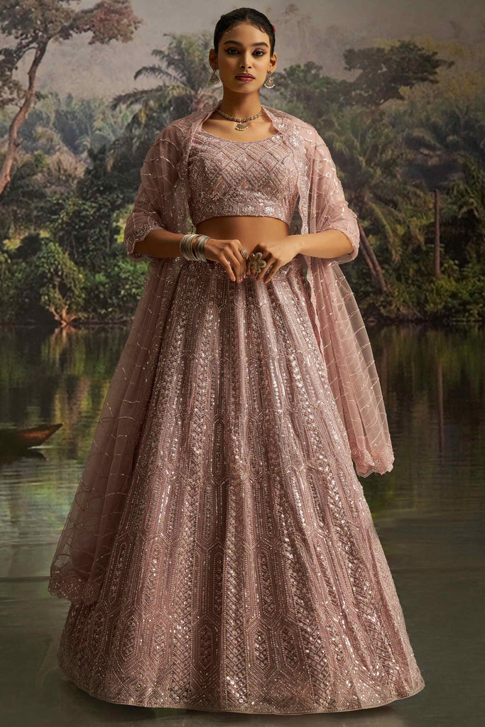 Bewitching Sequins Mauve Net Reception Wear Lehenga Choli With Dupatta