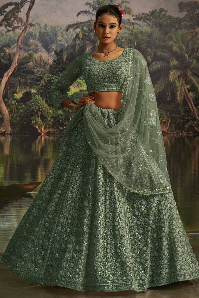 Outstanding Green Thread Work Net Wedding Lehenga Choli With Dupatta