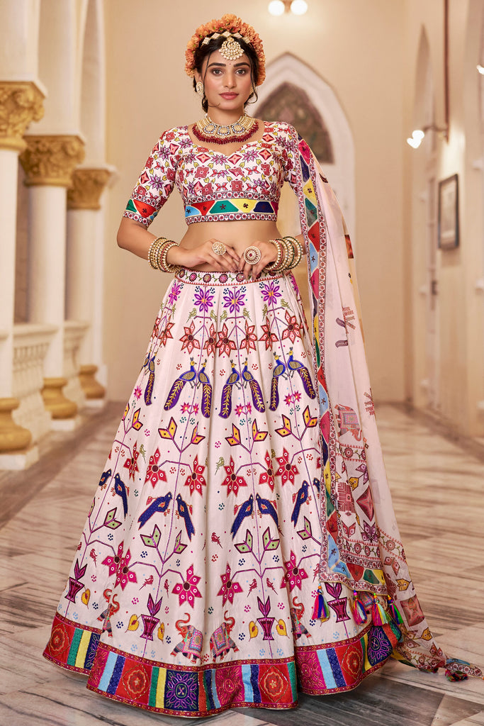 Awesome Off-White Printed Art Silk Wedding Lehenga Choli With Dupatta