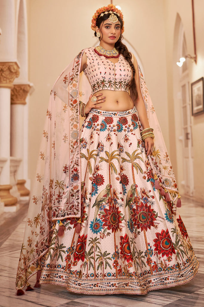 Incredible Off-White Printed Art Silk Bridesmaid Lehenga Choli