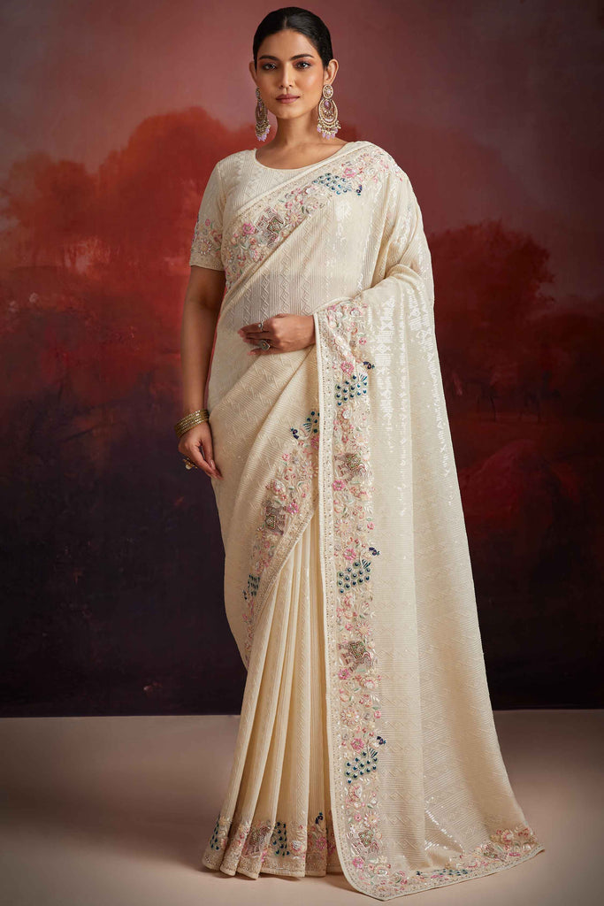 Beautiful White Sequins Georgette Function Wear Saree With Blouse