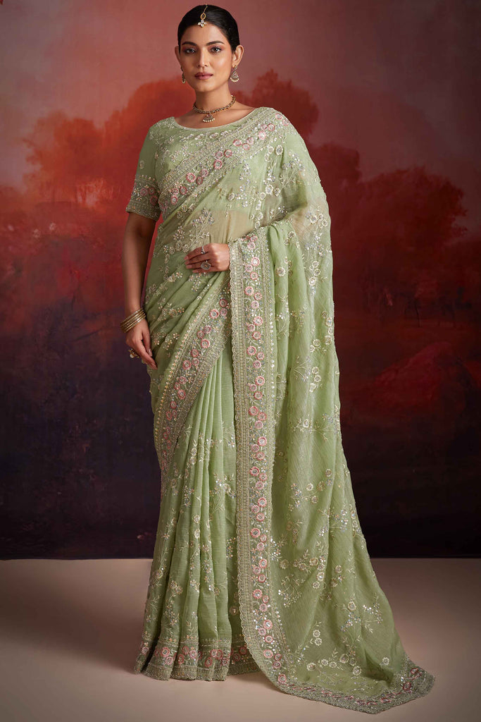 Alluring Pista Green Embroidered Organza Event Wear Saree With Blouse