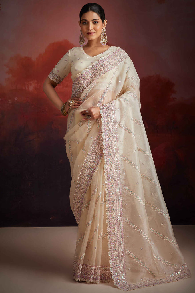 Alluring Off-White Embroidered Net Party Wear Saree With Blouse