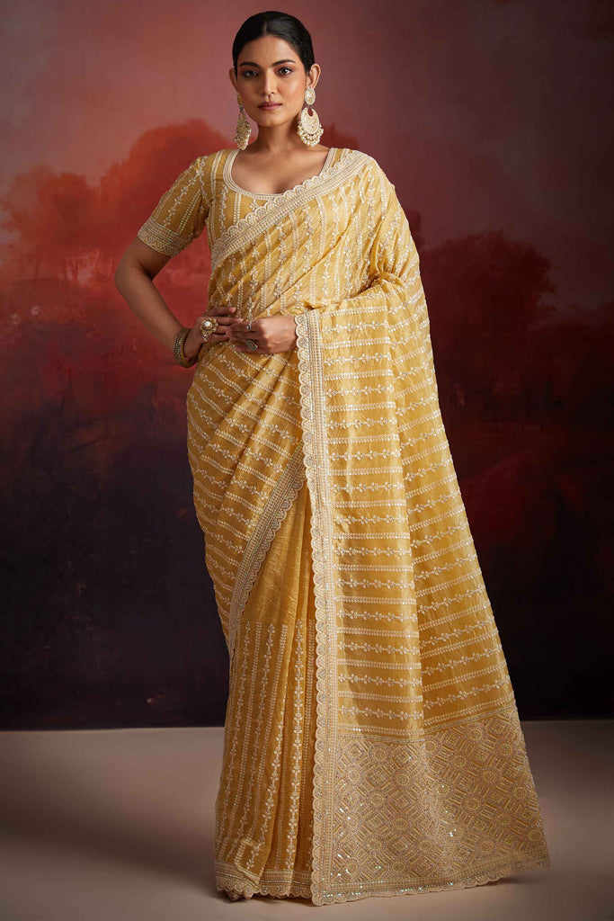 Tantalizing Mustard Heavy Embroidery Work Organza Haldi Wear Saree