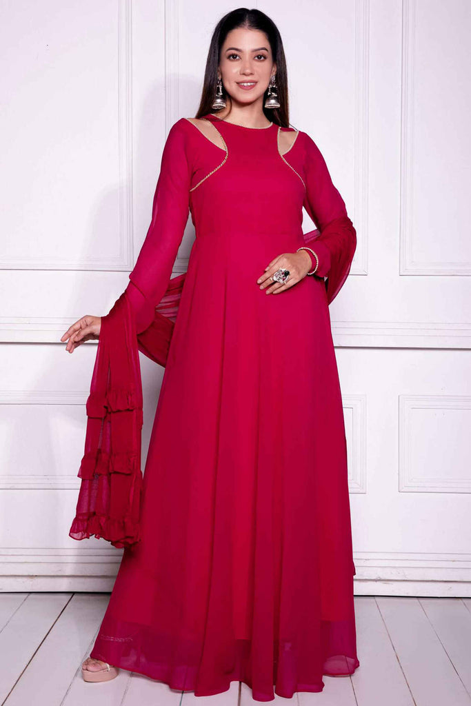 Attractive Pink Georgette Reception Wear Gown With Dupatta