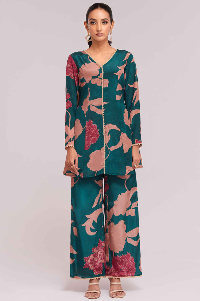 Lovely Teal Blue Digital Printed Crepe Office Wear Co-Ord Set