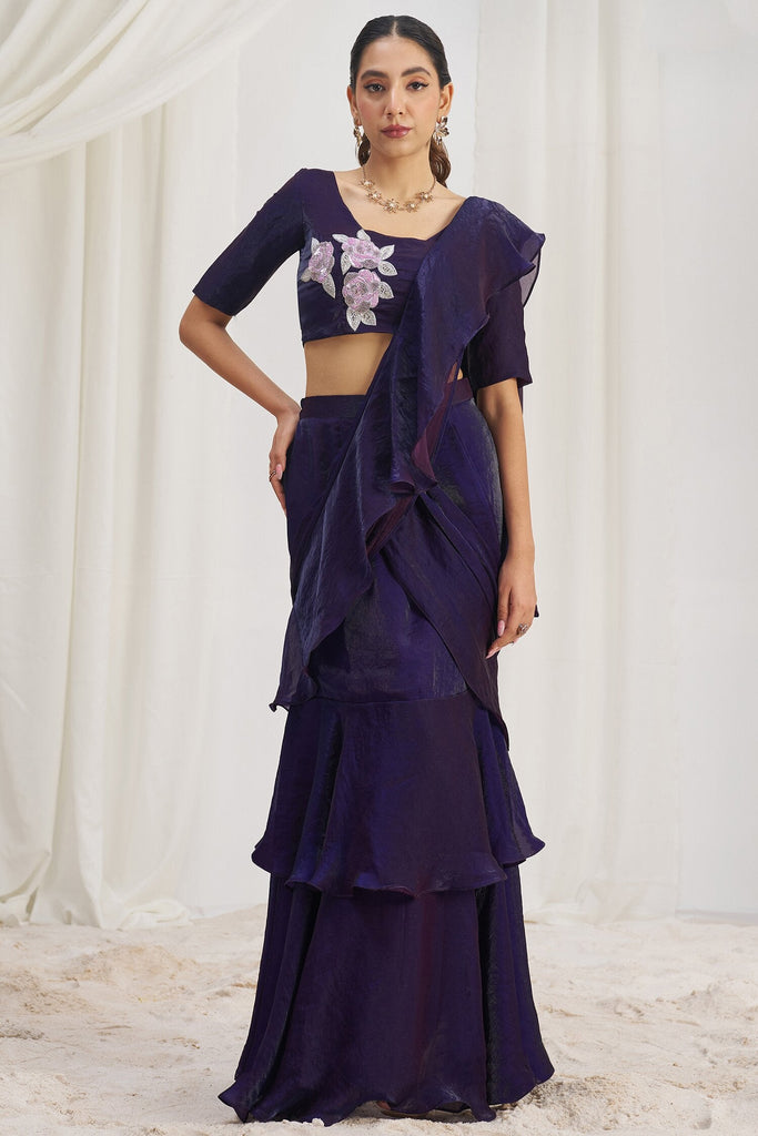 Winsome Wine Organza Pre-Stitched Ruffle Saree With Hand Work Blouse