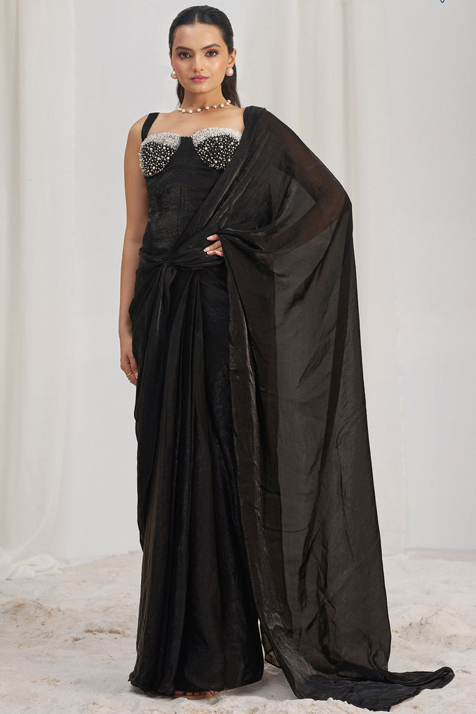 Glamorous Black Organza Party Wear Saree With Corset Blouse