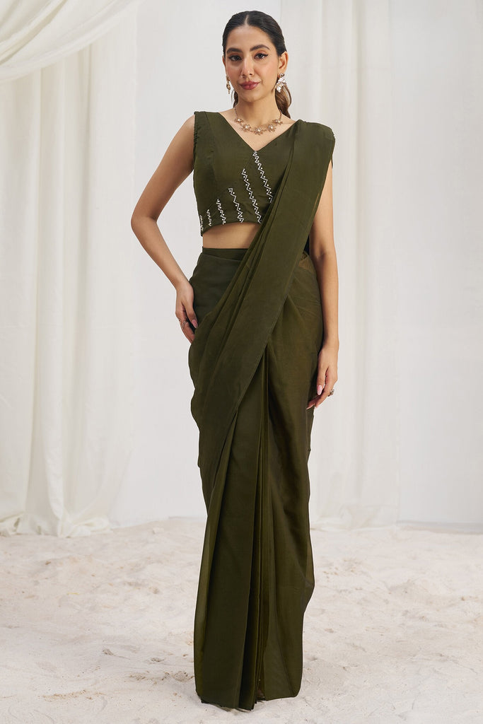 Stunning Olive Green Organza Pre-Stitched Saree With Blouse